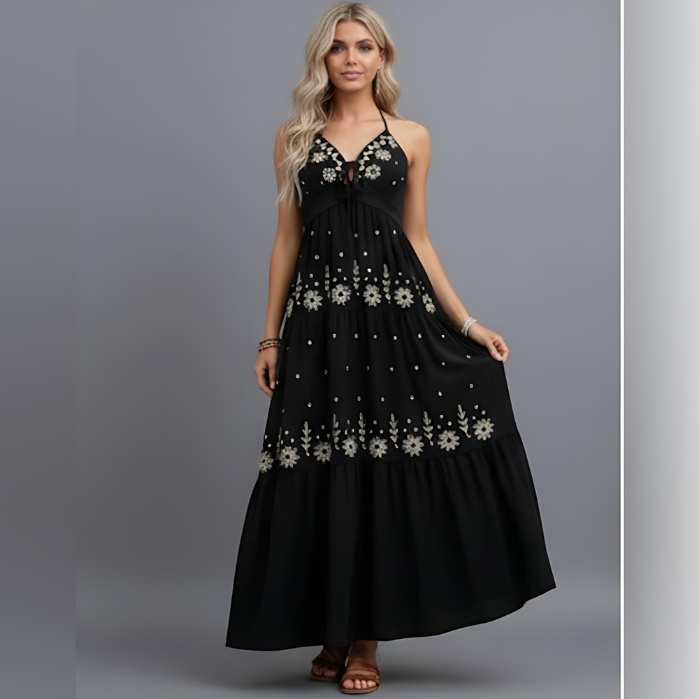 Boho Floral Embroidered Halter Dress